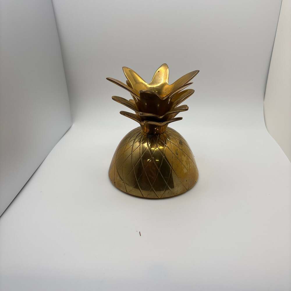 Vintage Mid-Century Modern Brass Pineapple Lidded Trinket Box and Candle Holder
